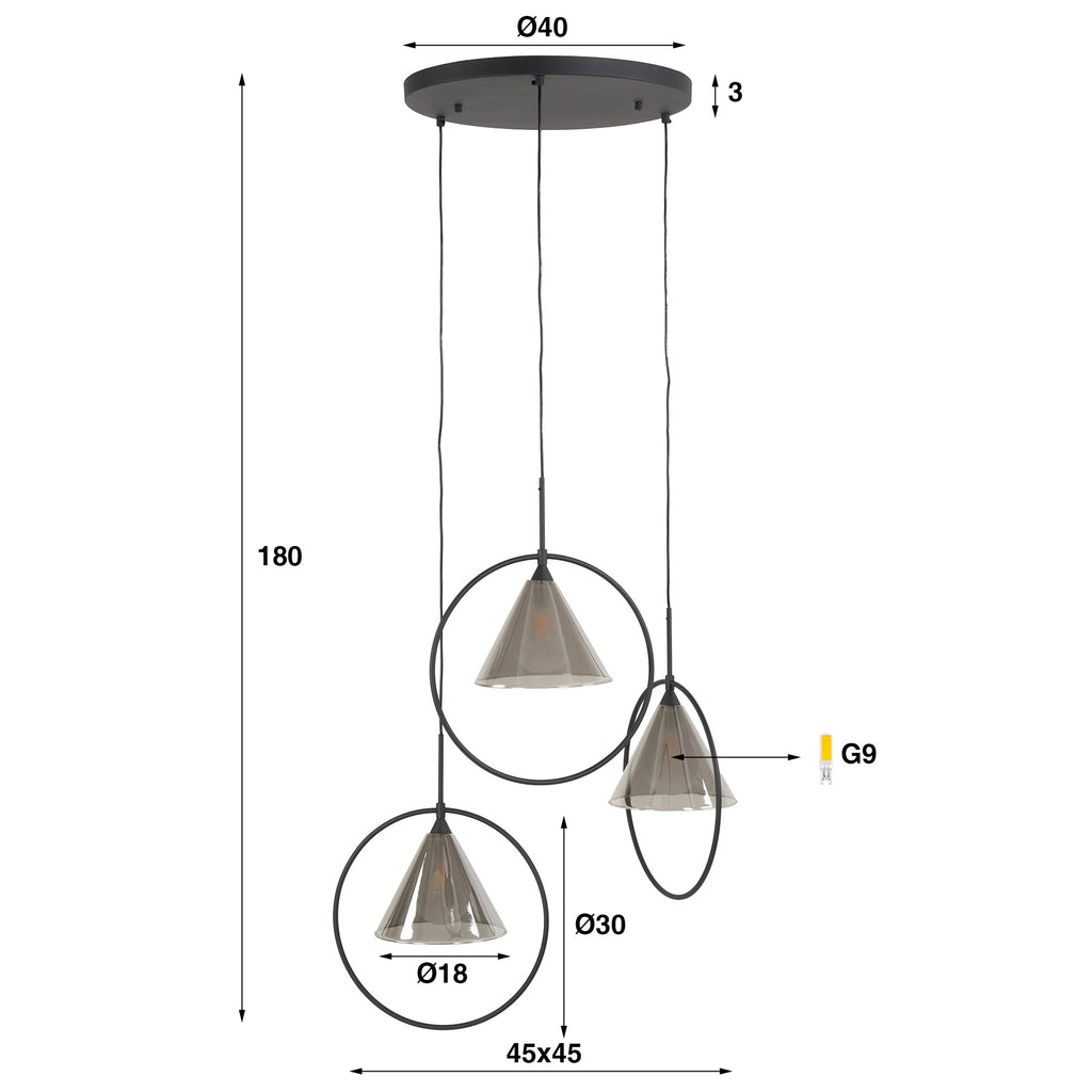 Hanglamp Conic | Getrapt | 3-Lichts | Smoke grey glas