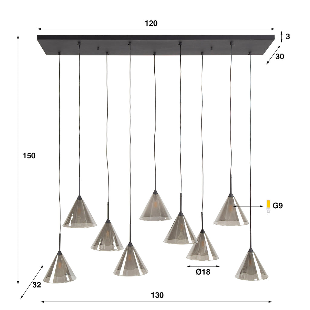 Hanglamp Conic | 5+4-Lichts | Smoke Grey Glas