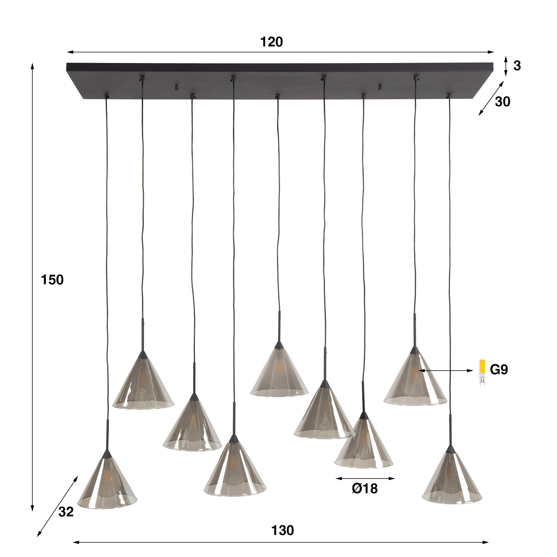 Hanglamp Conic | 5+4-Lichts | Smoke Grey Glas