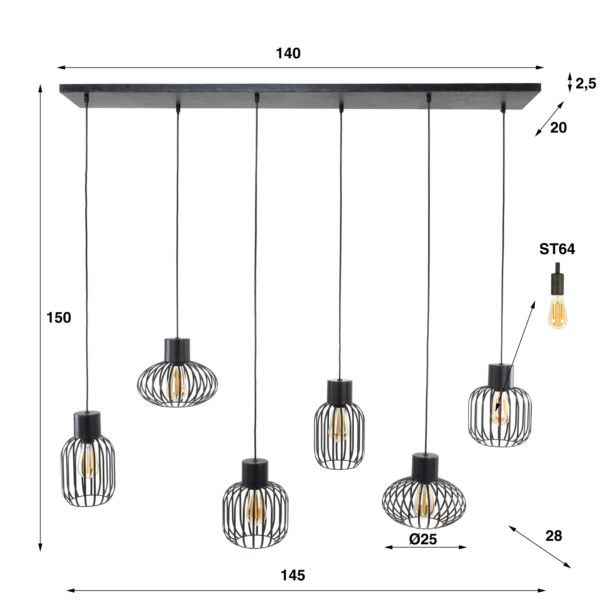 Hanglamp Mix Metal | 3+3-Lichts | Charcoal