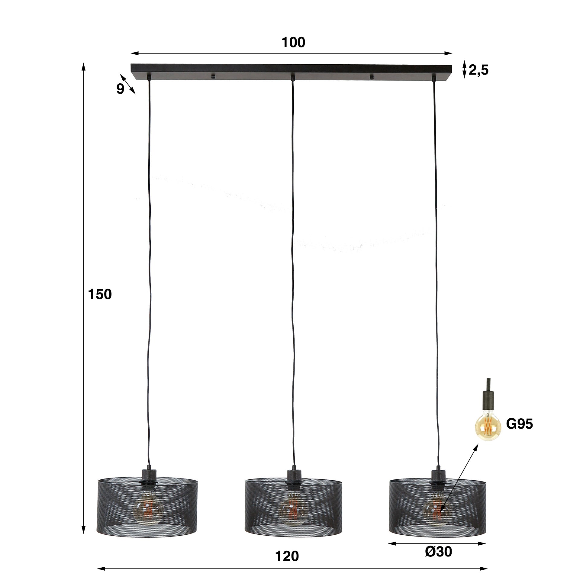 Hanglamp Mesh Round | 3-Lichts | Artic zwart