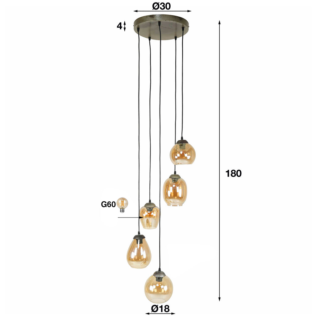 Hanglamp Mix | Getrapt | 5-Lichts Amber glas