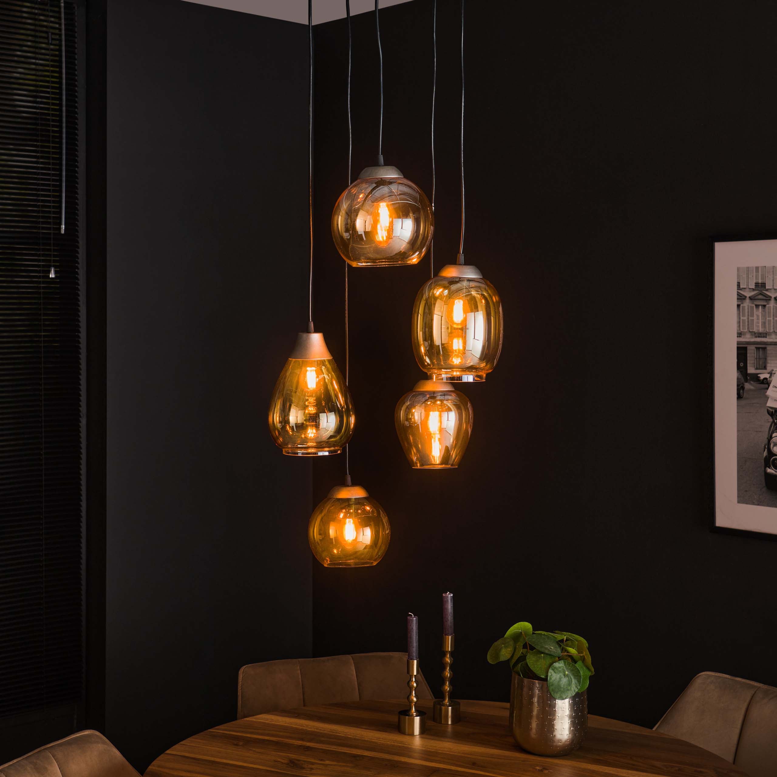 Hanglamp Mix | Getrapt | 5-Lichts Amber glas