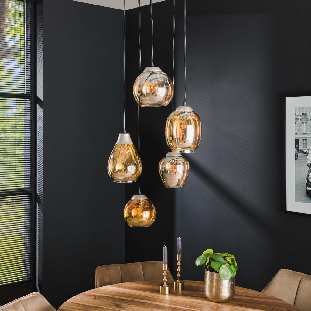Hanglamp Mix | Getrapt | 5-Lichts Amber glas
