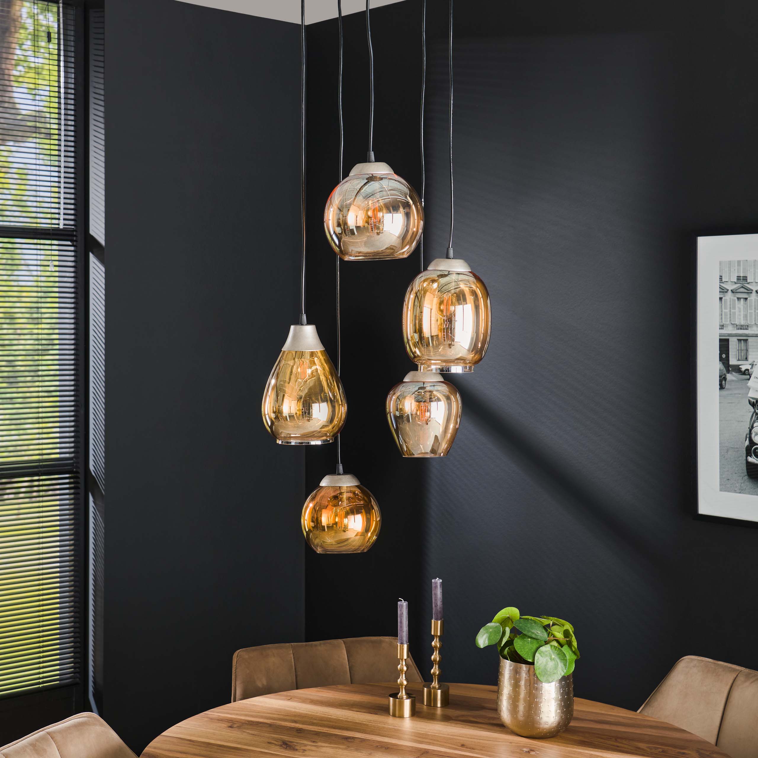Hanglamp Mix | Getrapt | 5-Lichts Amber glas