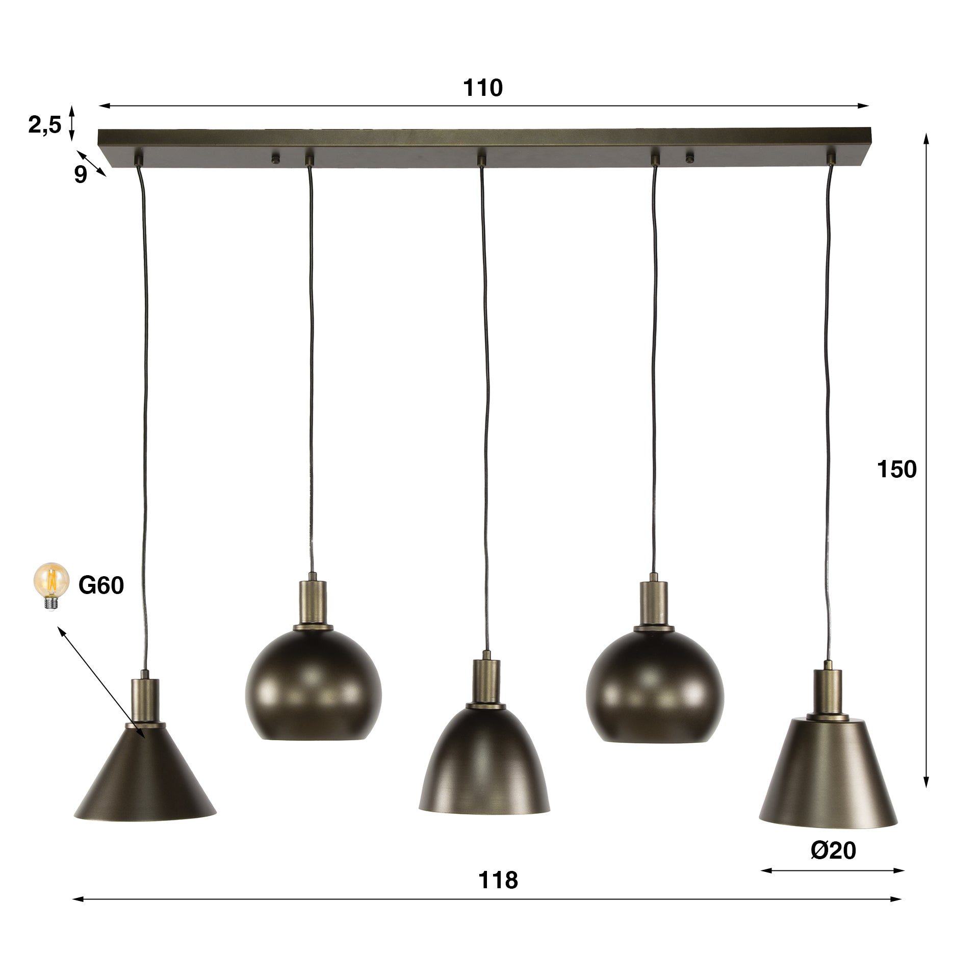 Hanglamp Metallo | 5-Lichts | Sienna bruin