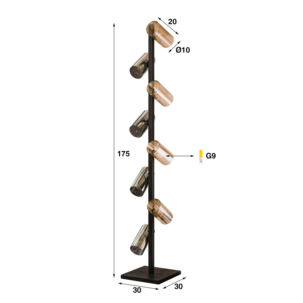 Vloerlamp Cylinder Glass | 8-Lichts | Artic zwart