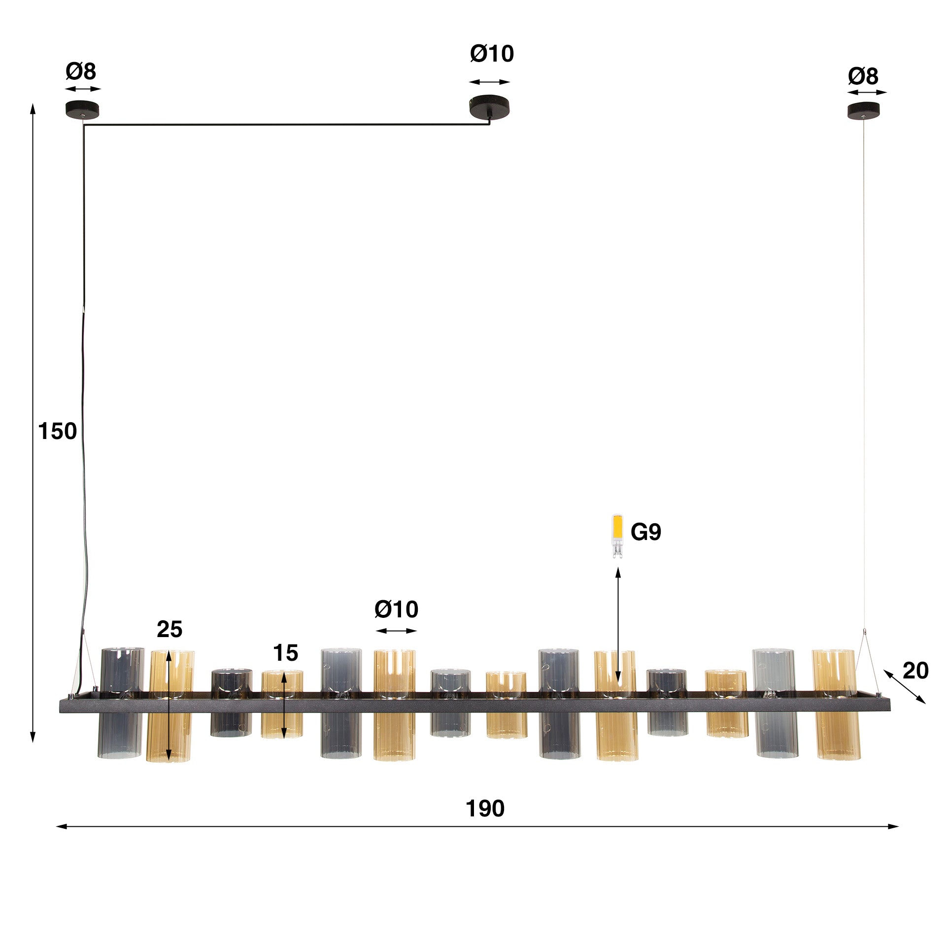 Hanglamp Cylinder Glass | 14-Lichts | Artic zwart