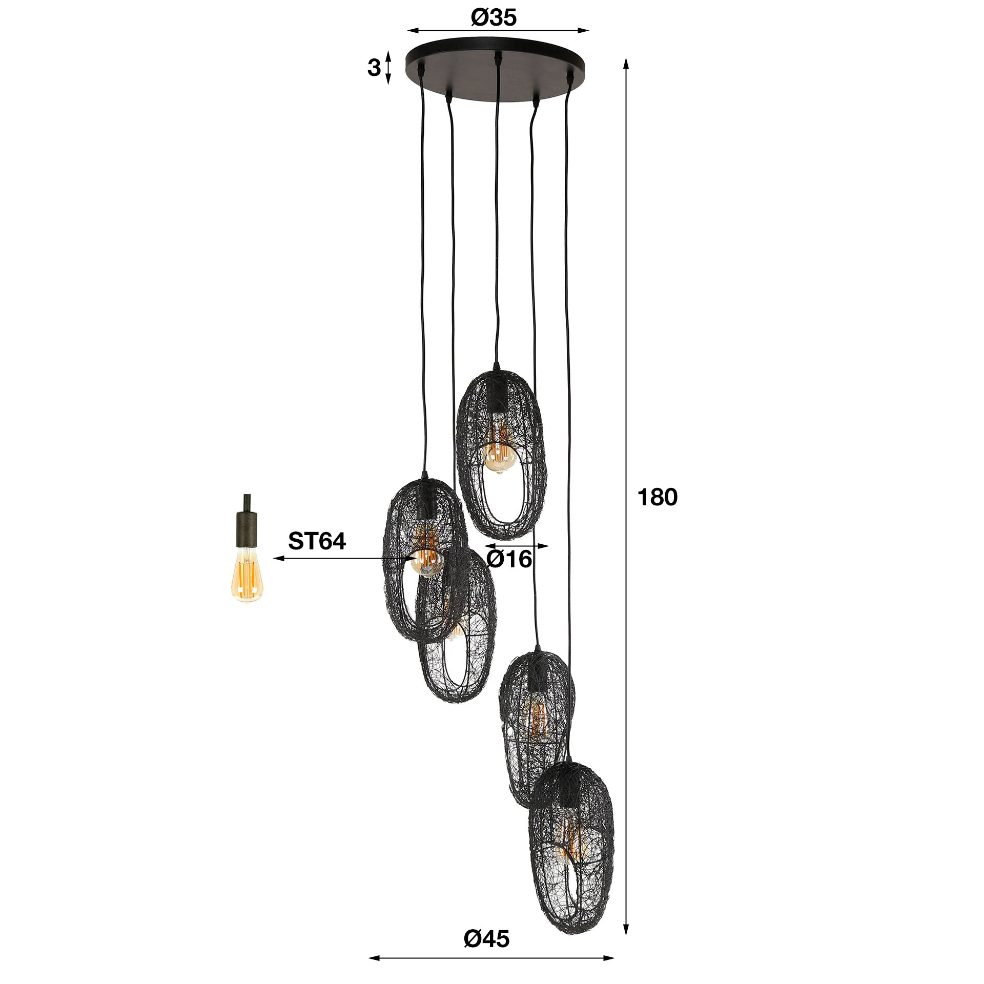 Hanglamp Open Eye | 5-Lichts | Artic zwart