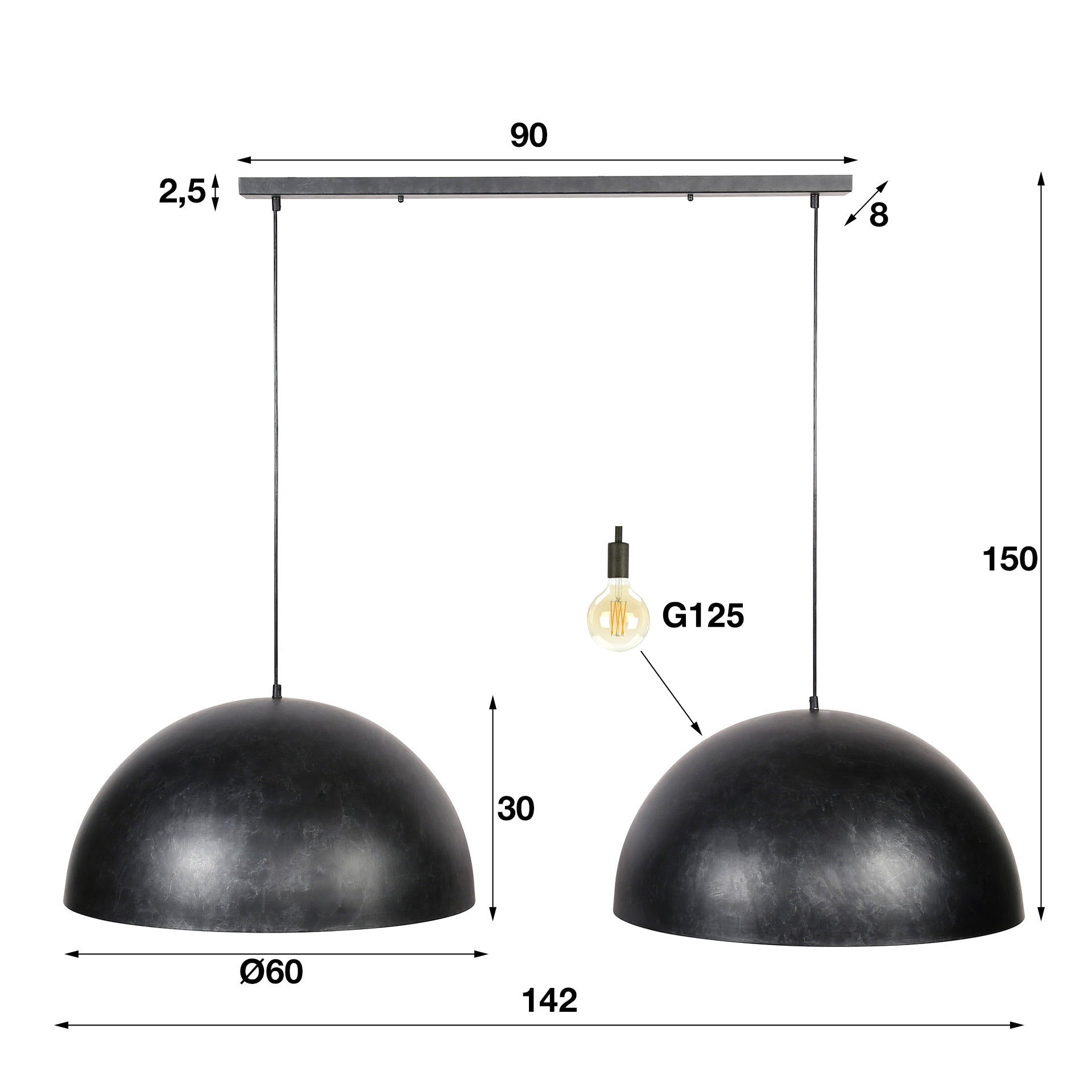 Hanglamp Dome | 2-Lichts | Charcoal Ø60cm