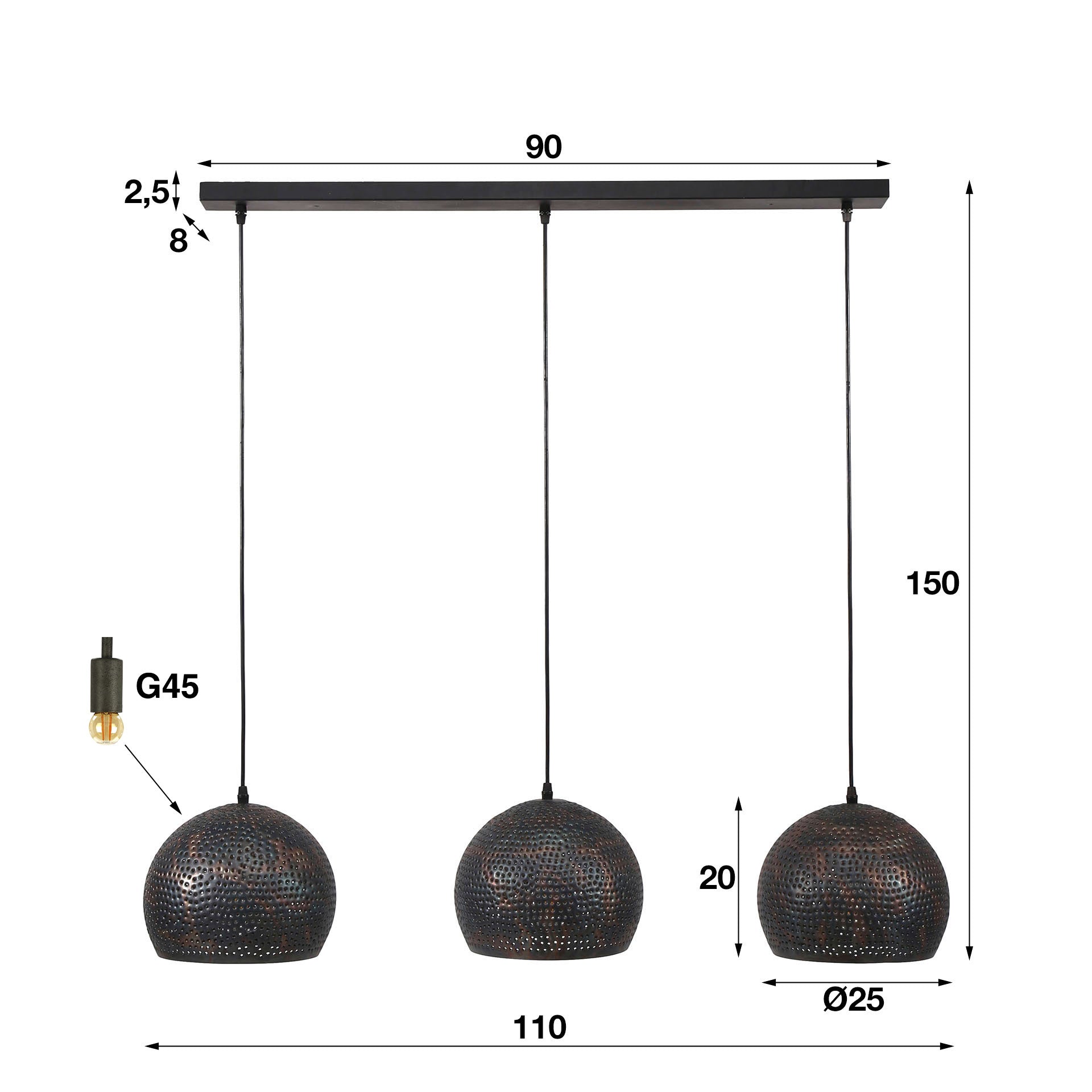 Hanglamp Punch Orb | 3-Lichts | Zwart-Bruin