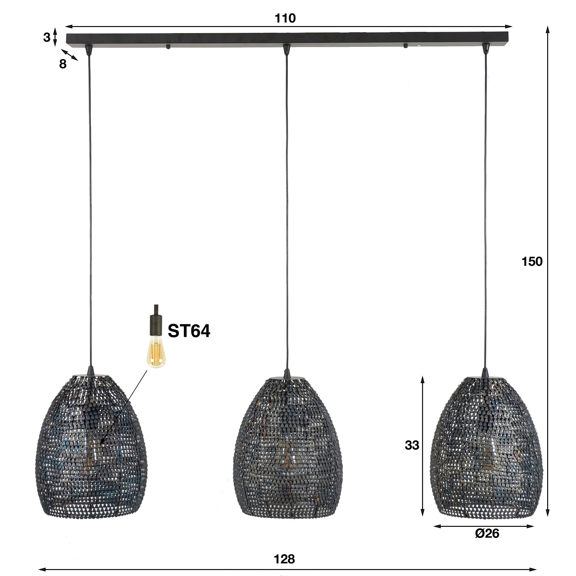 Hanglamp Armor Oval | 3-Lichts | Zwart bruin