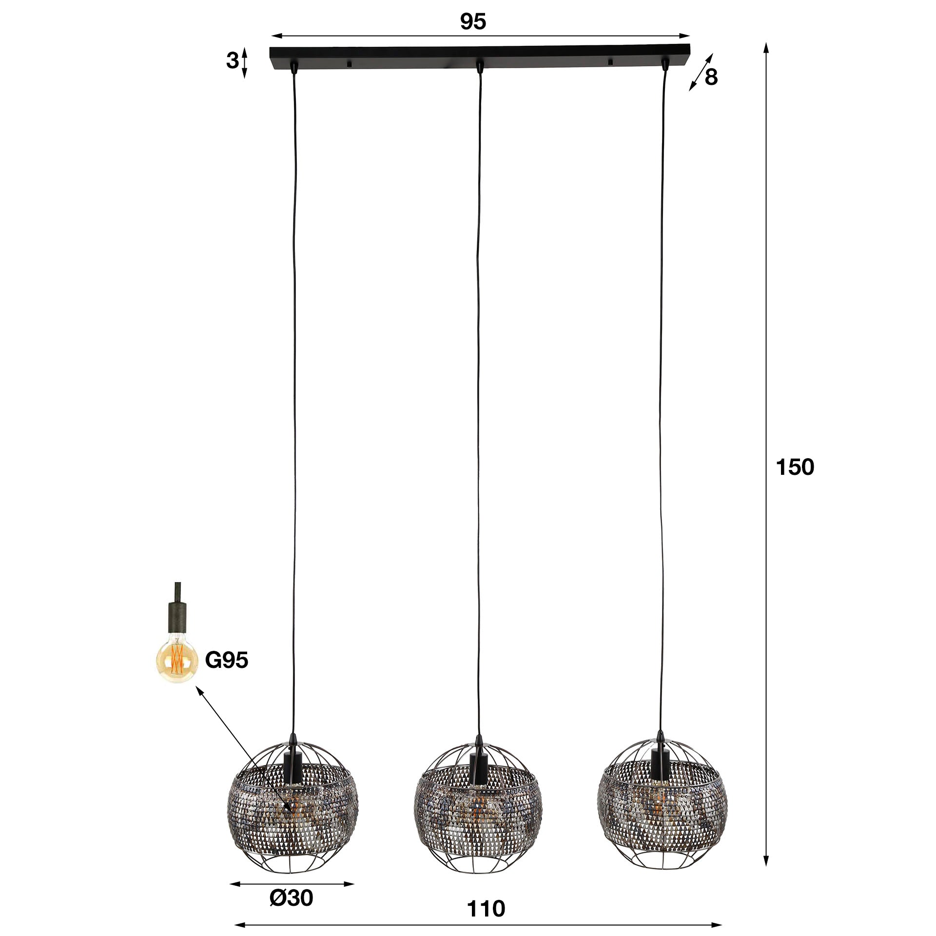 Hanglamp Armor Open | 3-Lichts | Zwart bruin