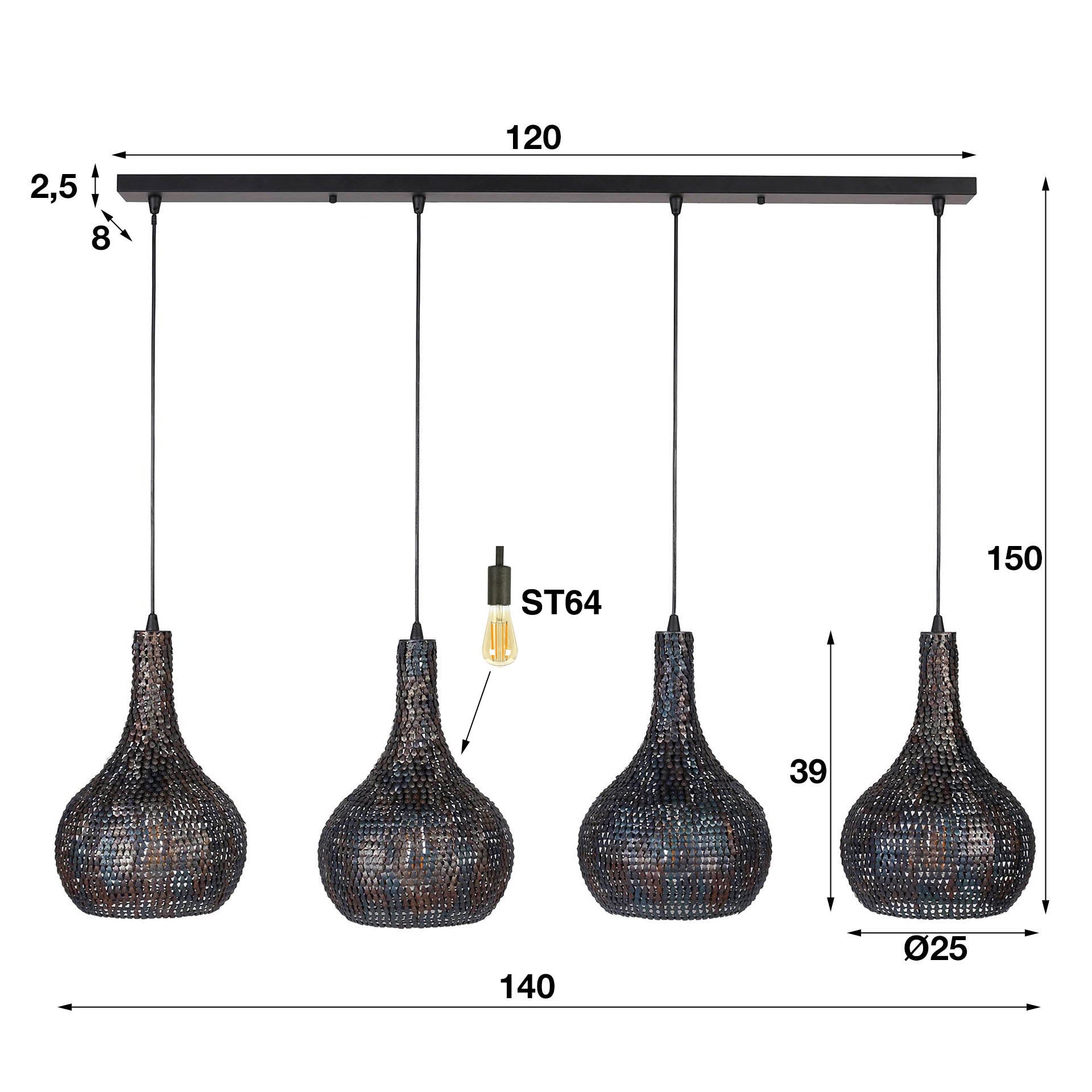 Hanglamp Armor Cone | 4-Lichts | Zwart-Bruin