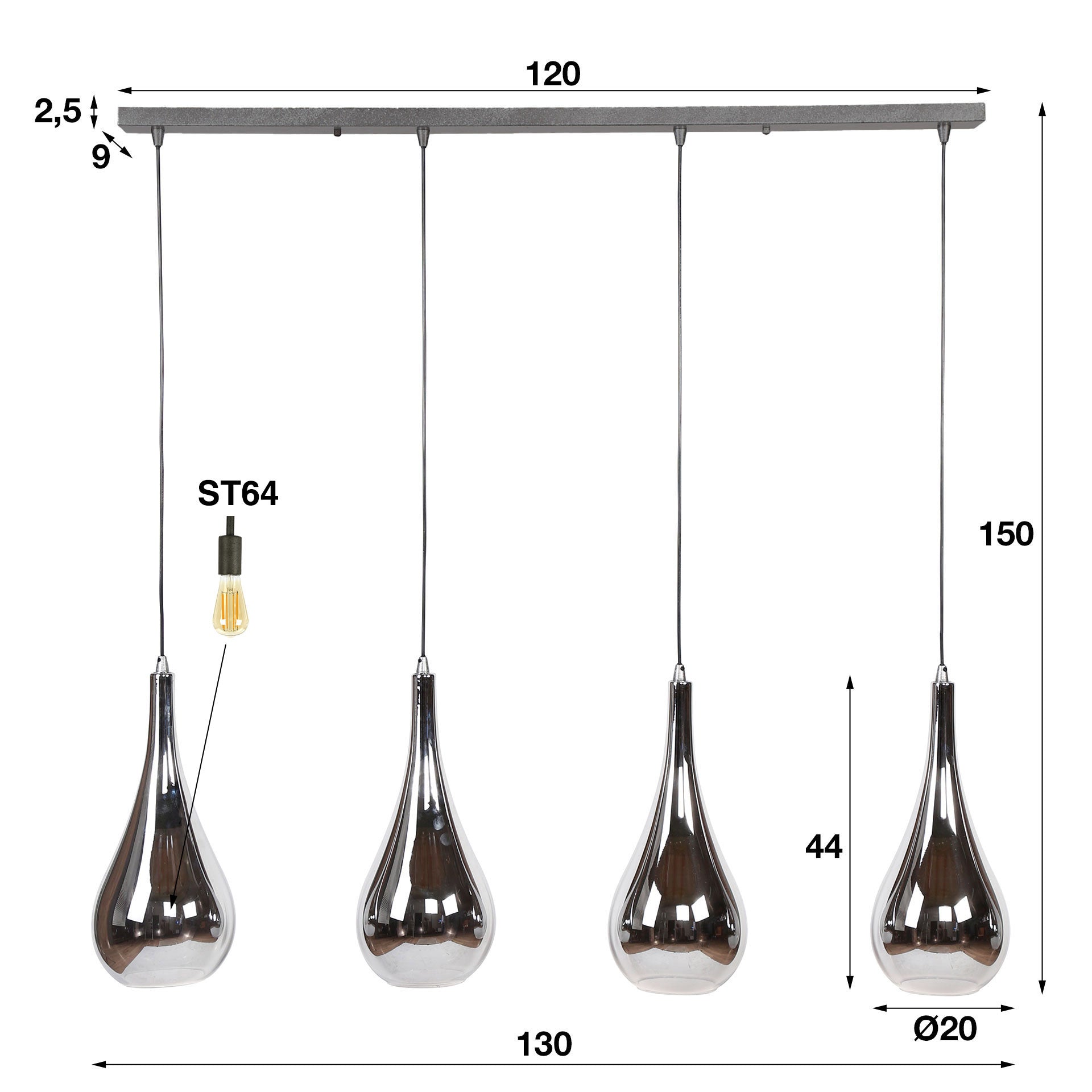 Hanglamp Silver Drop | 4-Lichts | Chroom Glas