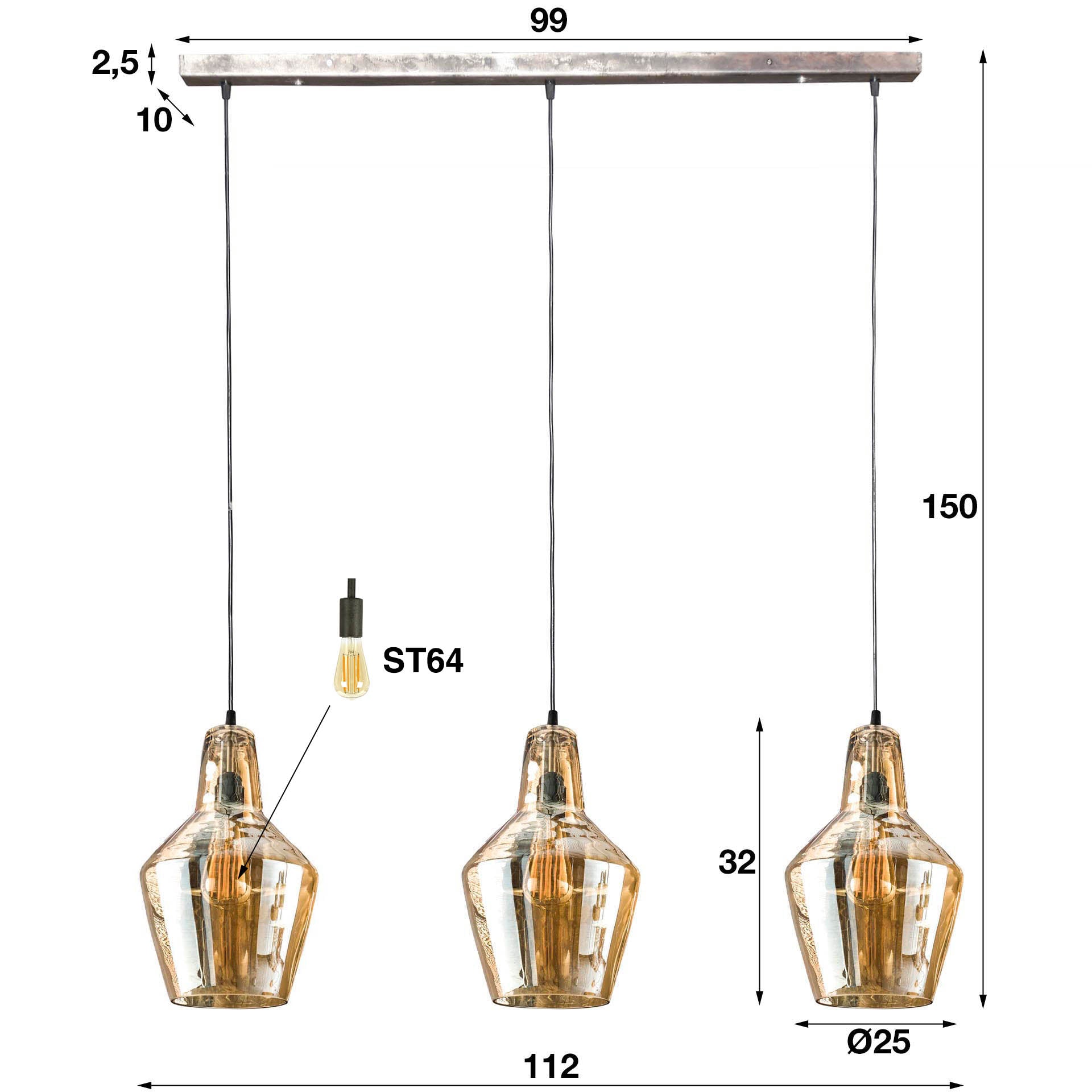 Hanglamp Glass Cone | 3-Lichts | Oud zilver