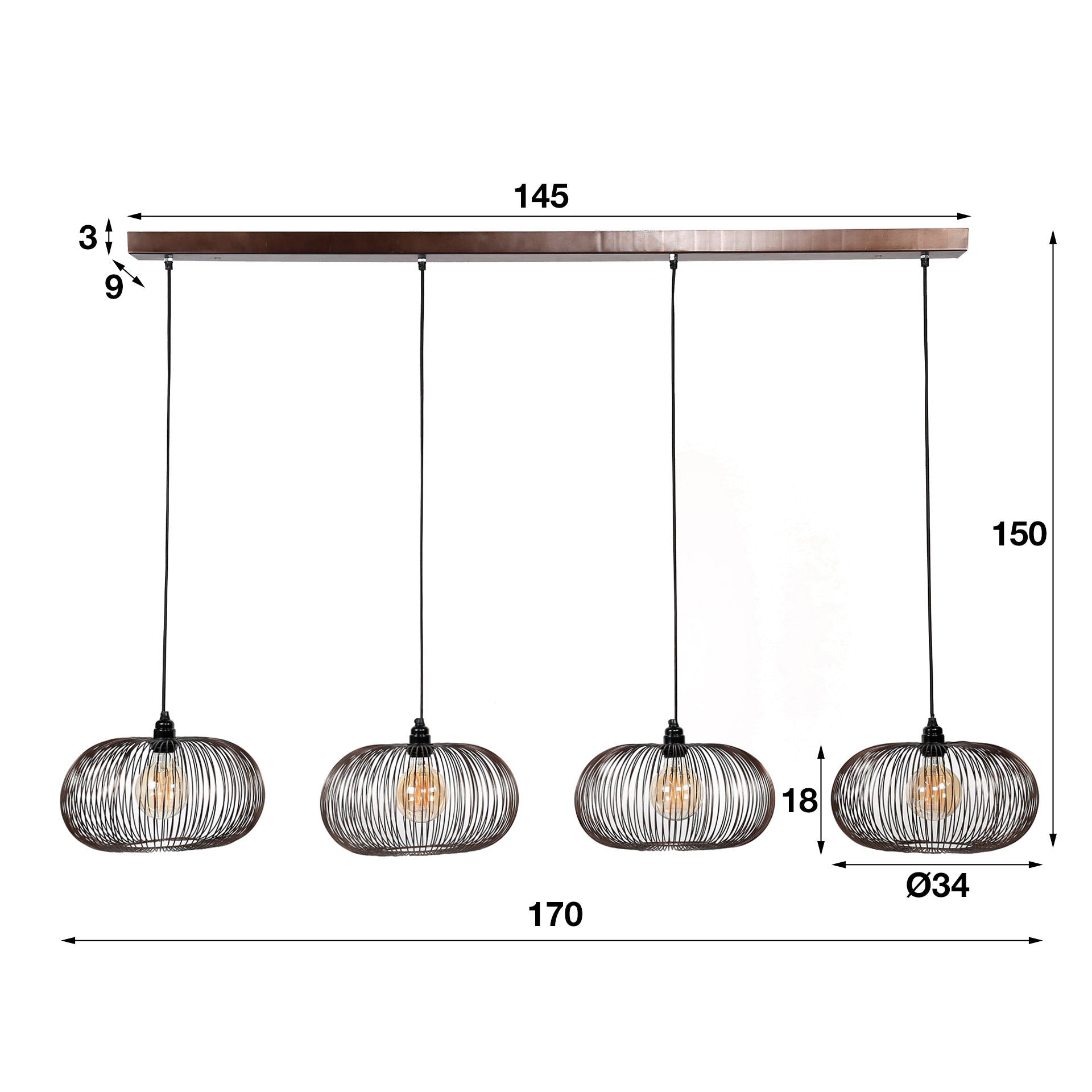 Hanglamp Copper Twist | 4-Lichts | Zwart Nikkel