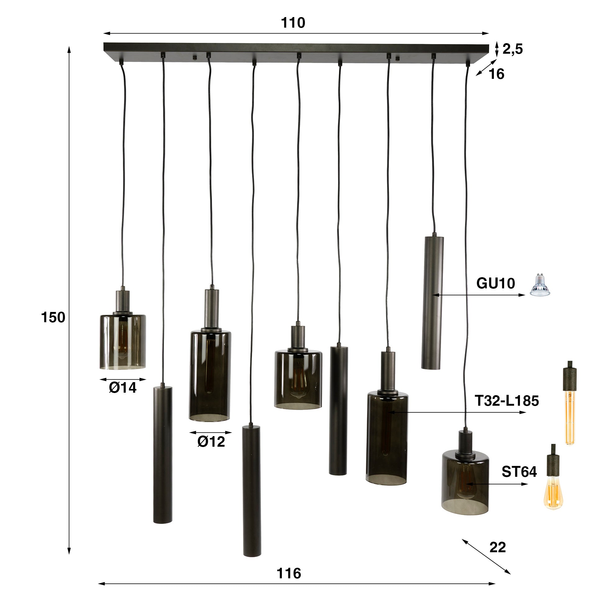 Hanglamp Sepiora | 5+4-Lichts | Sienna bruin