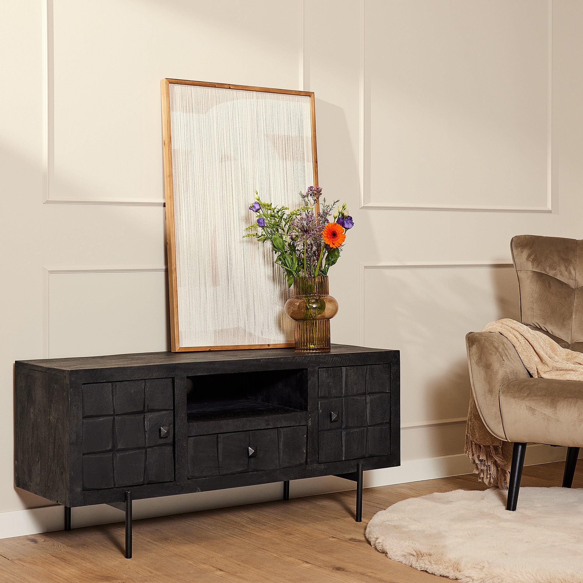 Tv meubel Brandy Black | Mangohout | Zwart patroon