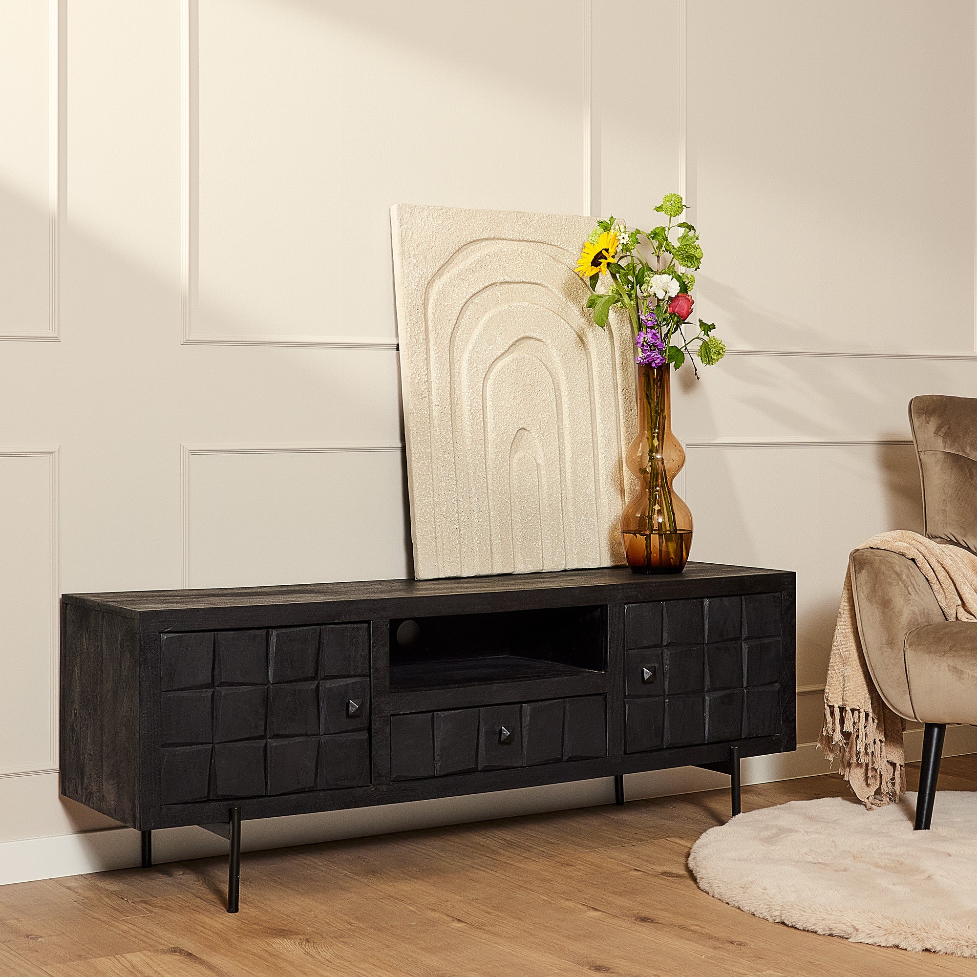 Tv meubel Brandy Black | Mangohout | 180 cm