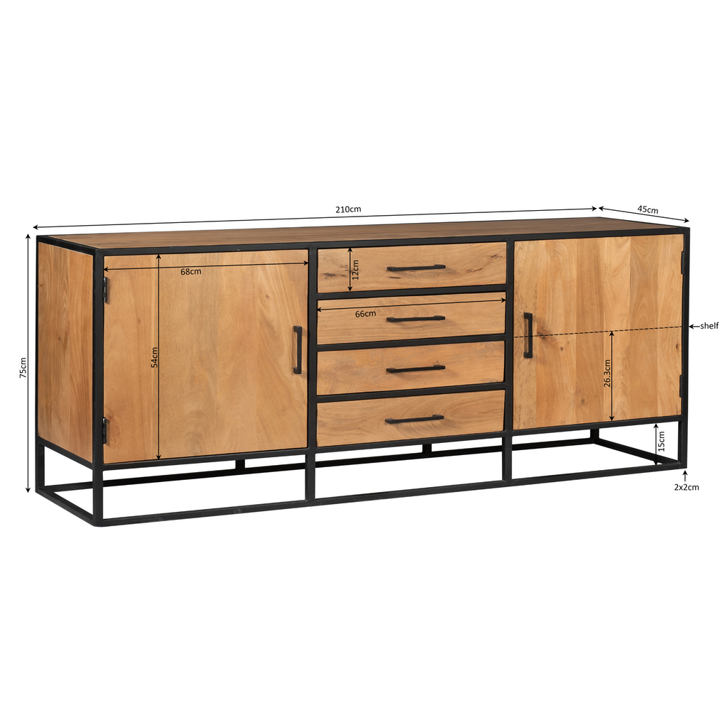 Dressoir Denver | 2 deuren | 4 lades | Mangohout