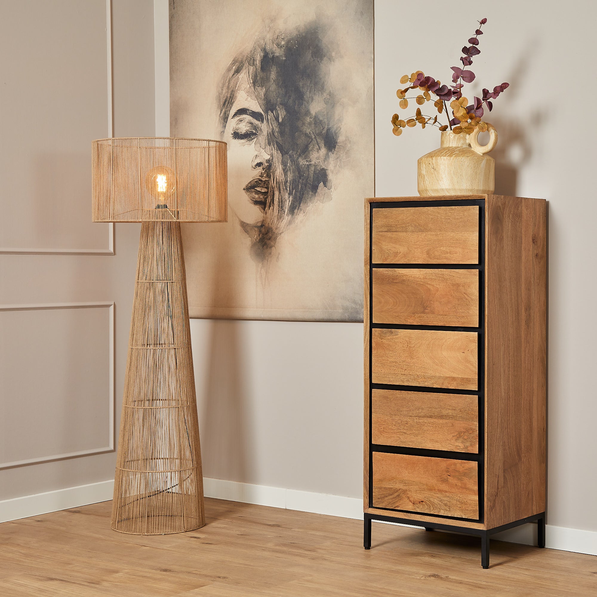 Ladekast RichWood | 5 Lade | Gelakt mangohout & zwart