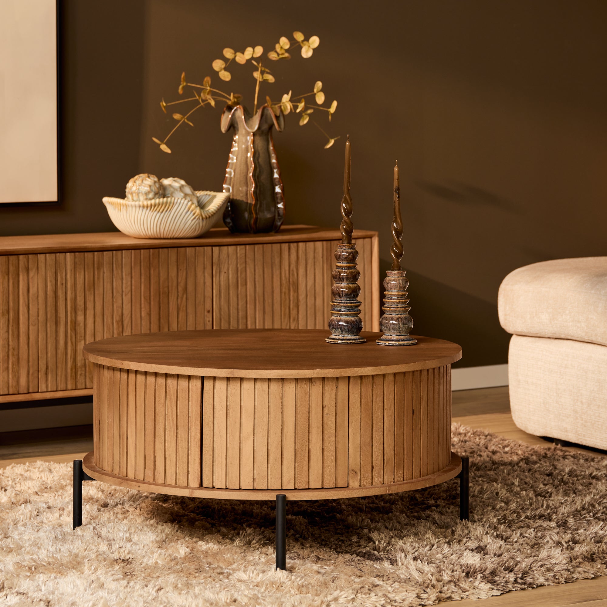 Salontafel Madison | Rond | Mangohout naturel | 2 lades
