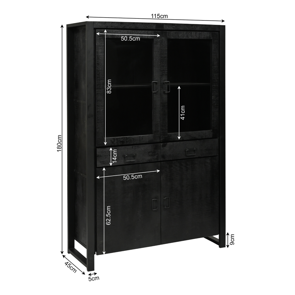 Vitrinekast Boaz | Mangohout | Zwart 115x45x180