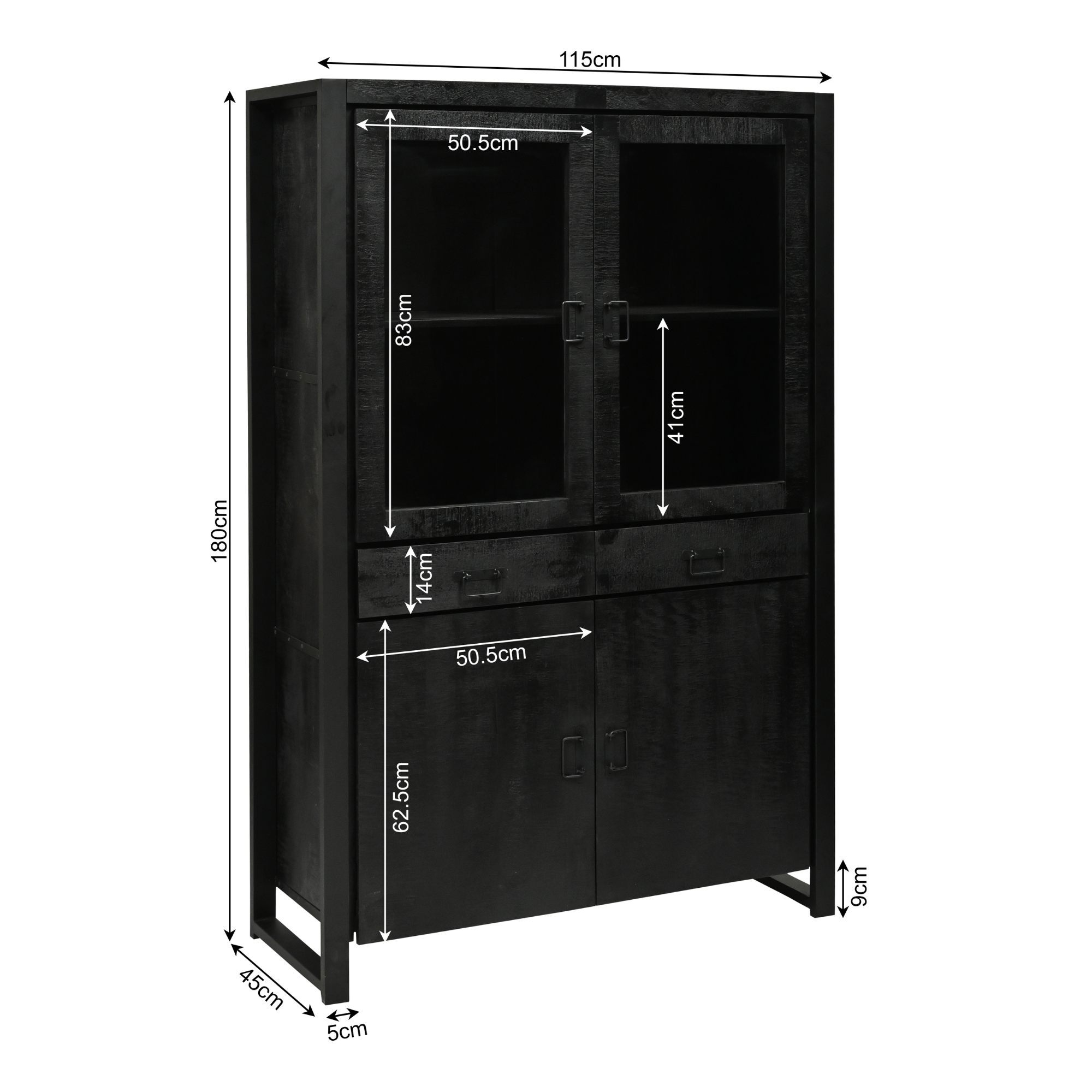 Vitrinekast Boaz | Mangohout | Zwart 115x45x180