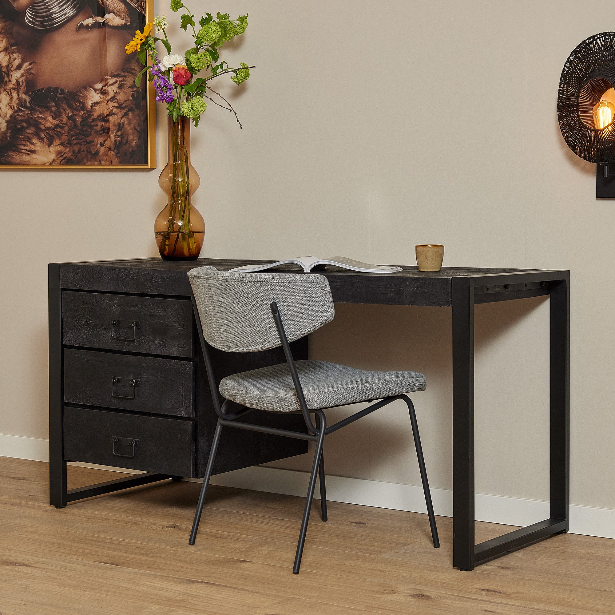 Bureau Boaz Black | 3 lades | Massief mangohout zwart