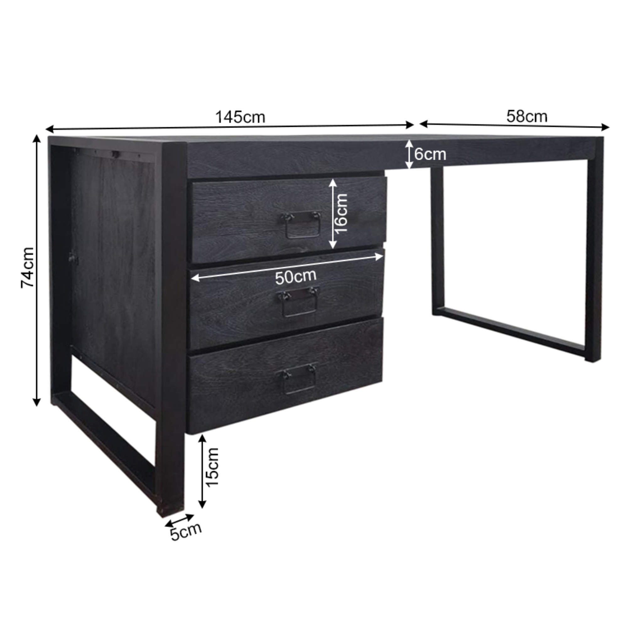 Bureau Boaz Black | 3 lades | Massief mangohout zwart