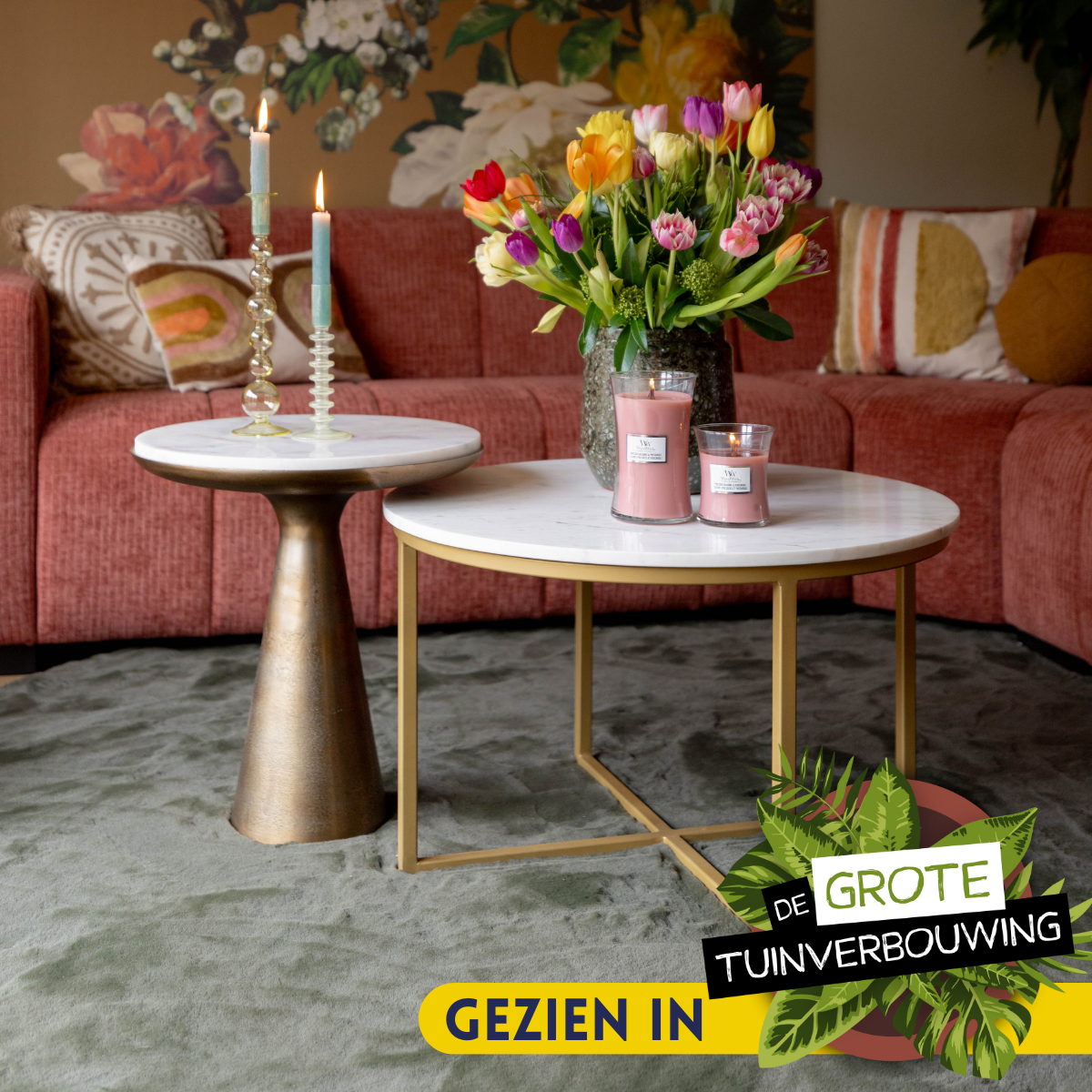 Bijzettafel Essy | Wit marmer | Ronde goudvoet