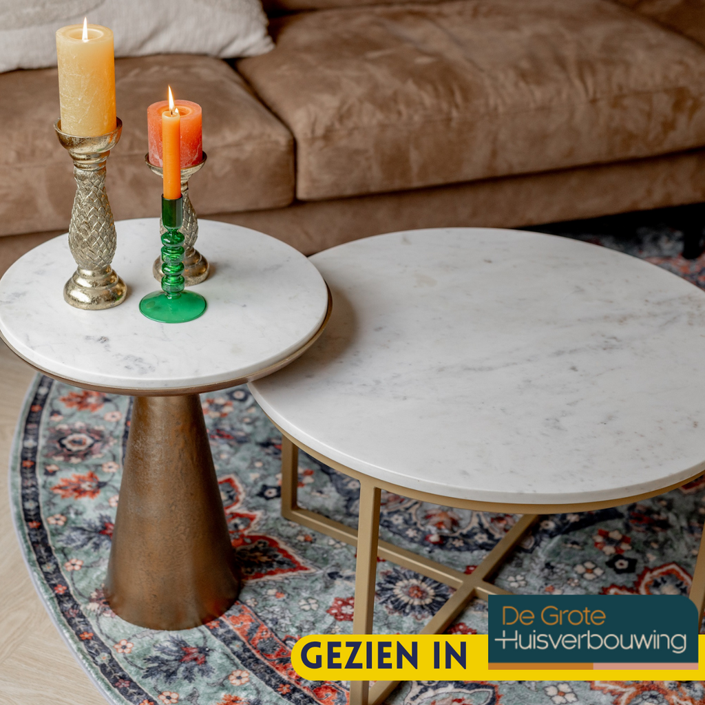 Bijzettafel Essy | Wit marmer | Ronde goudvoet